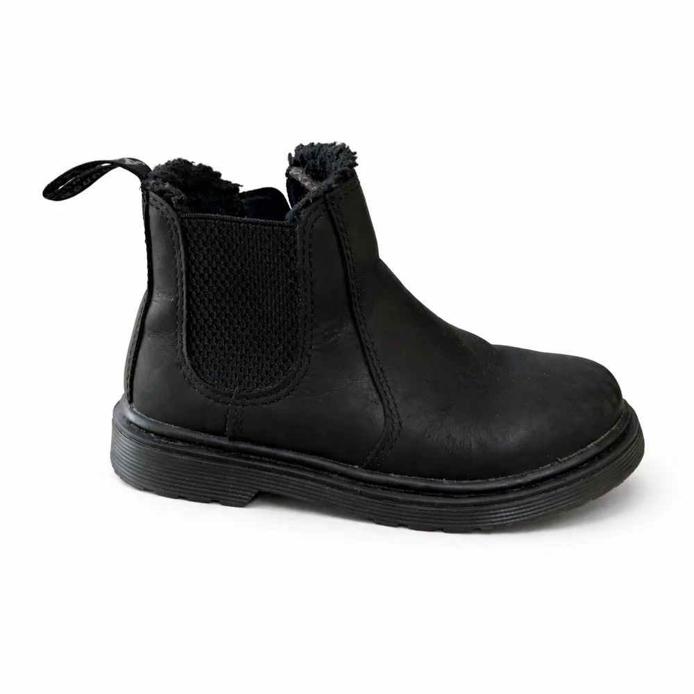Dr. Martens Leonore Toddler Chelsea Boots Black Fur Lined Leather Kids Size 10